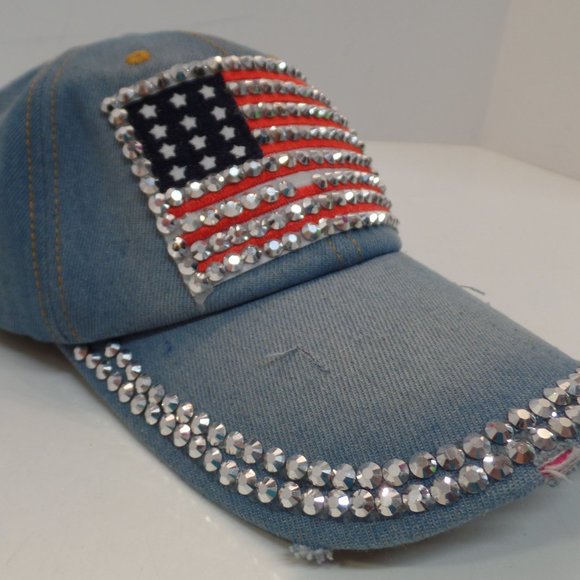 Studio Select Adjustable Sizeing Sparkling Denim Baseball Cap W American Flag - Picture 2 of 9